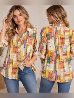 Shana Women’s Small Colorful Abstract Geometric Button Down Blouse Artsy Boho
